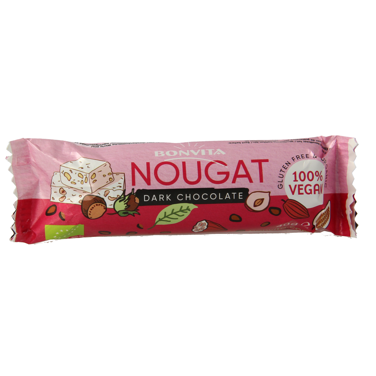 Bonvita Choco nougat puur bio chocolate bar, 40g, with visible layers of chocolate and nougat in packaging.