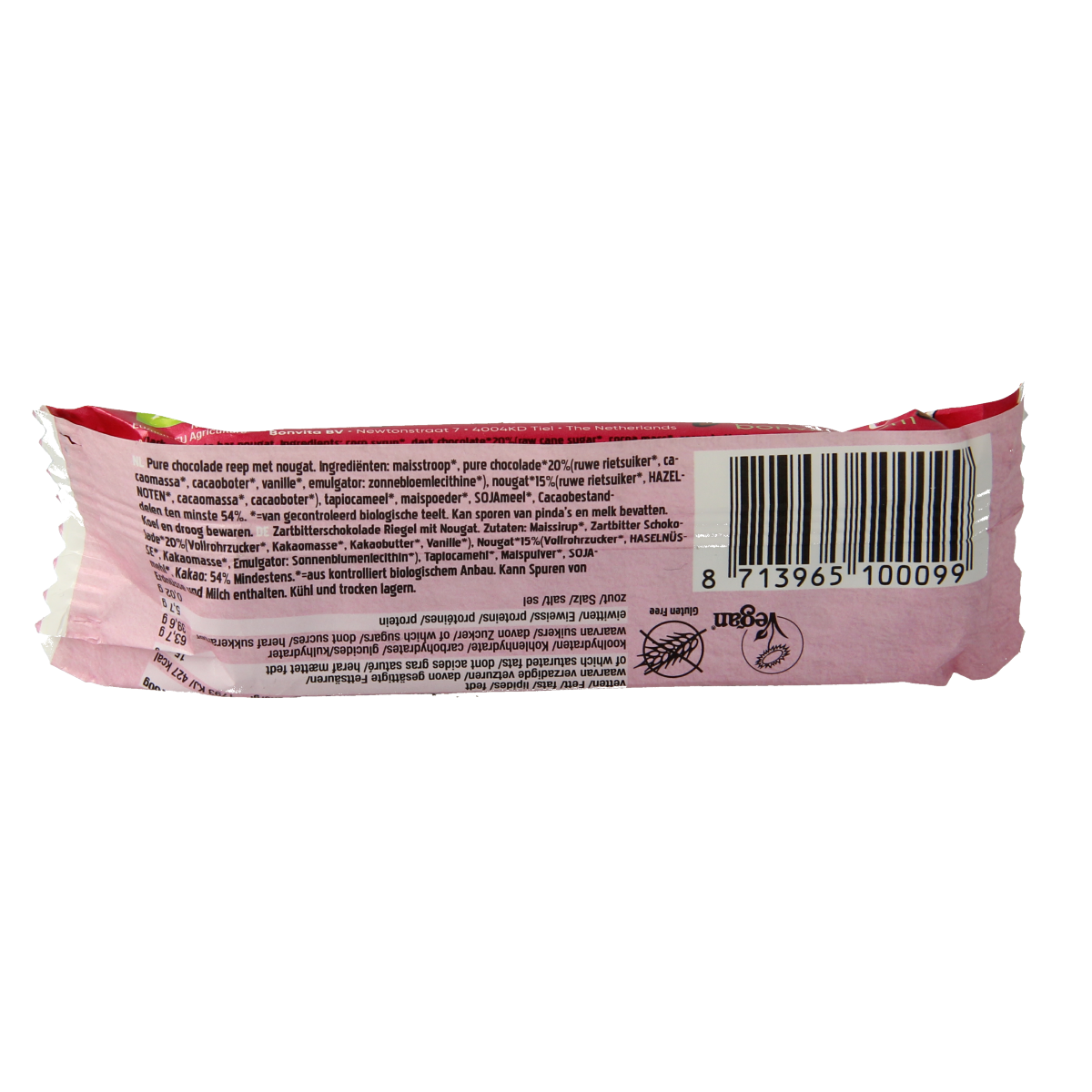 Bonvita Choco Nougat Puur bio chocolate bar with nougat filling, 40g, featuring a smooth chocolate exterior and creamy nougat center.