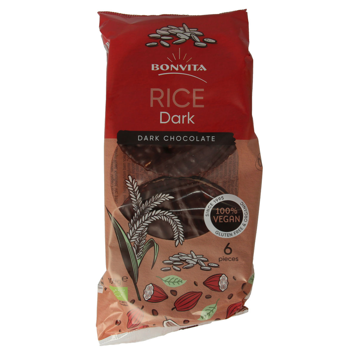 Bonvita rice cakes with pure organic chocolate, 100g, crispy crackers with a chocolate coating, ideal for a healthy snack.