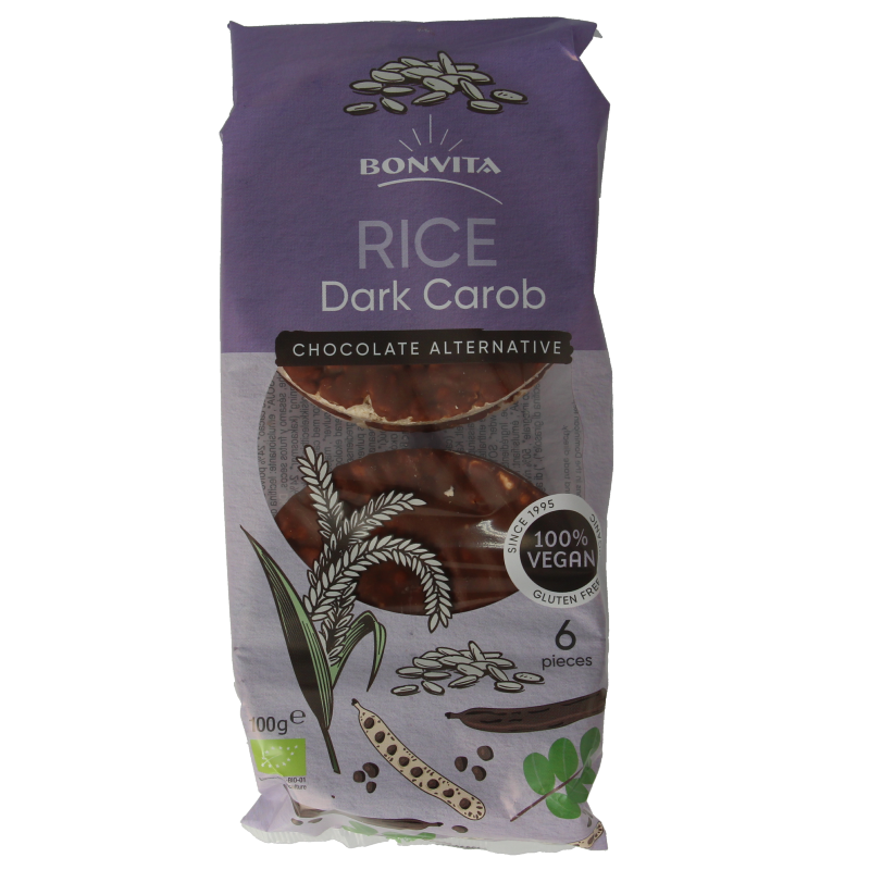 Bonvita organic pure carob rice cakes in a 100g package, crispy gluten-free crackers for healthy snacking.
