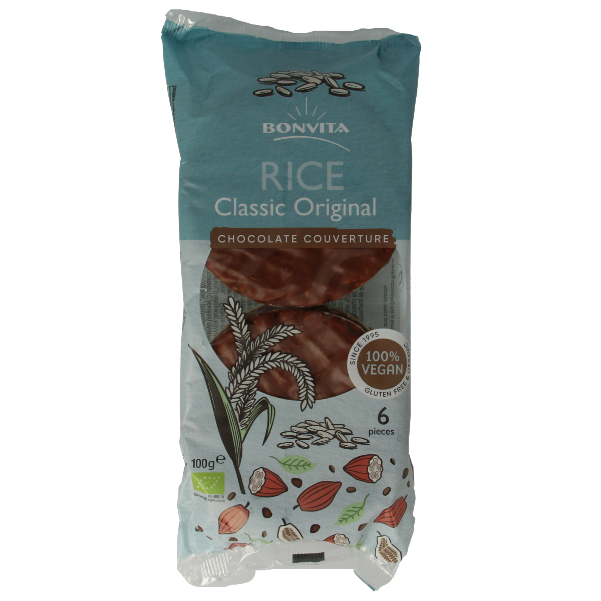 Bonritzz rice wafer with chocolate and milk flavor, organic snack in 100g package, crispy rice snack for quick bites