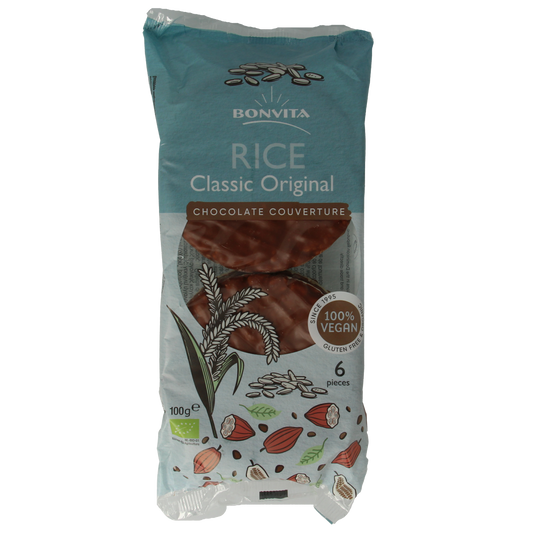 Bonritzz rice wafer with chocolate and milk flavor, organic snack in 100g package, crispy rice snack for quick bites