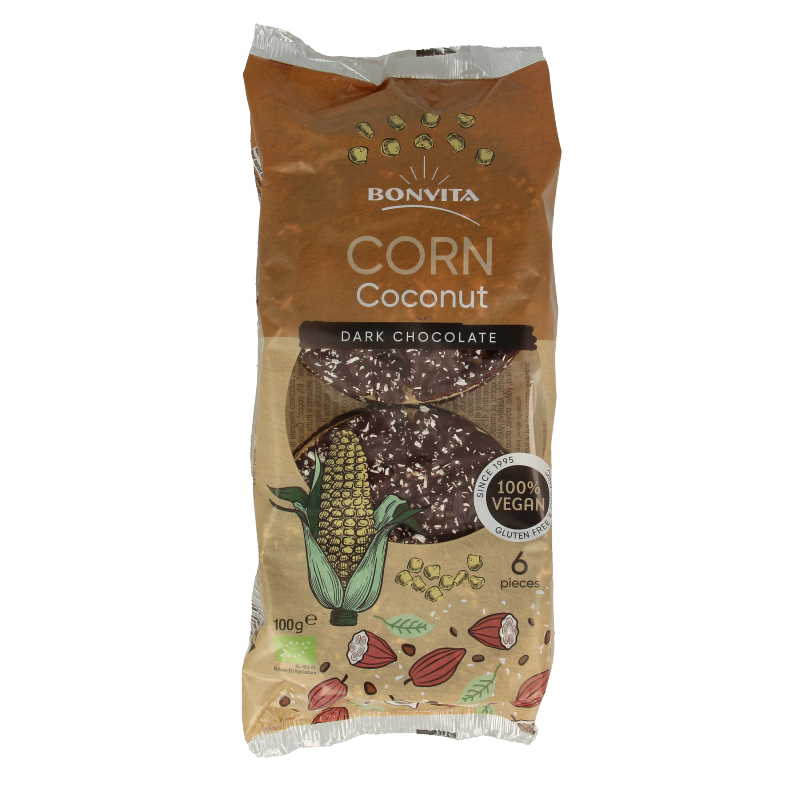 Bonvita Premium organic coconut corn waffle cracker, 100 grams, with crispy texture and golden-brown appearance.