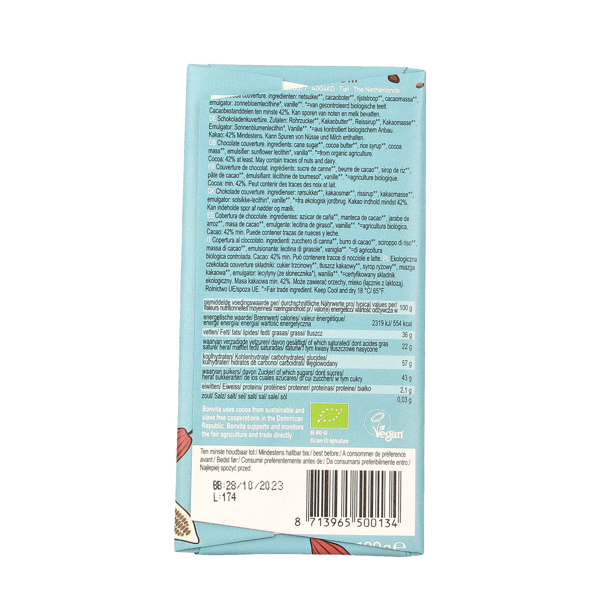 Bonvita organic rice milk chocolate bar showing the packaging and chocolate pieces in a natural setting.