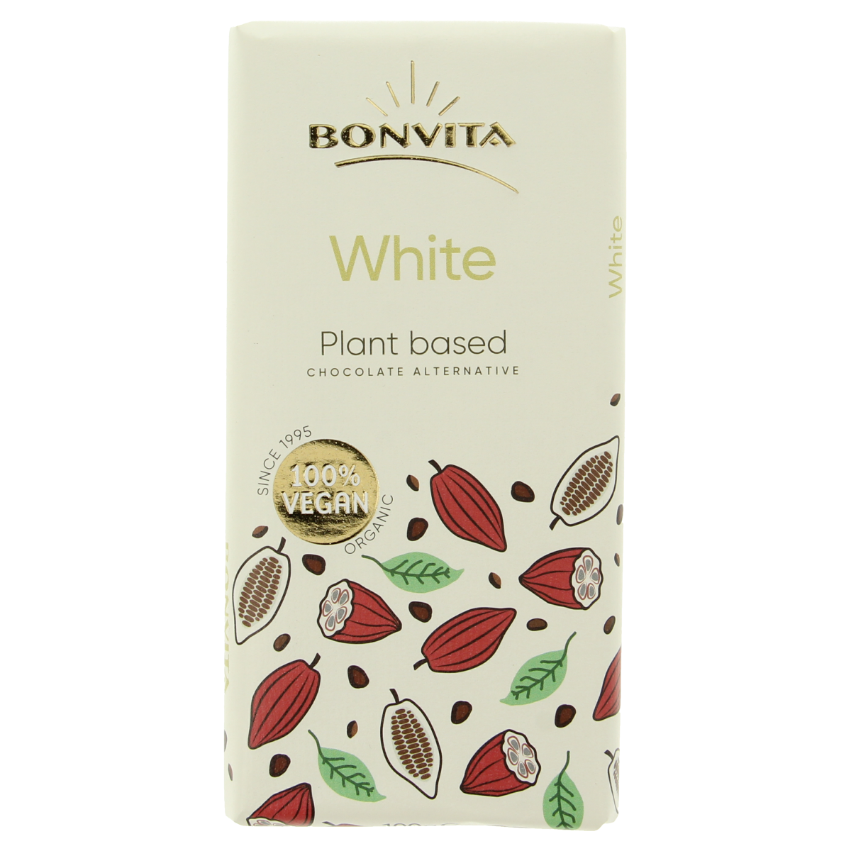 Bonvita bio white rice milk chocolate bar, 100g, with smooth white chocolate appearance and packaging showing the brand and product.