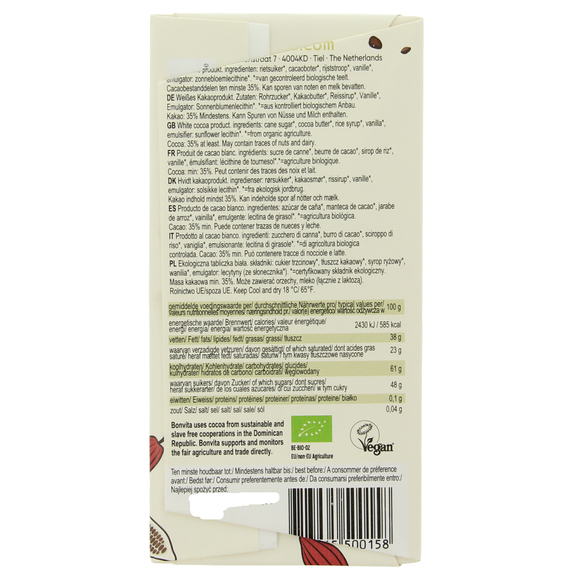 Bonvita white organic rice milk chocolate bar, 100g, with smooth creamy texture and white chocolate appearance.