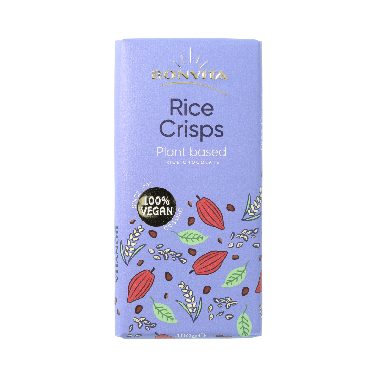 Bonvita chocolade rice crispy met rijstmelk in 100g bio verpakking, showing crispy rice treats coated in chocolate.