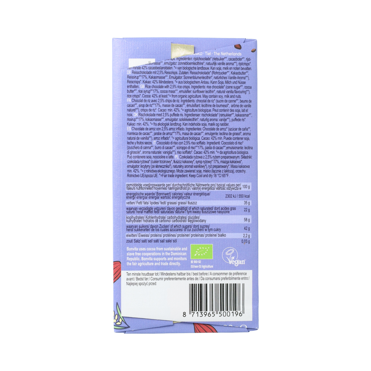 Bonvita chocolade rice crispy in 100g bio packaging, featuring crispy rice and rich chocolate coating.