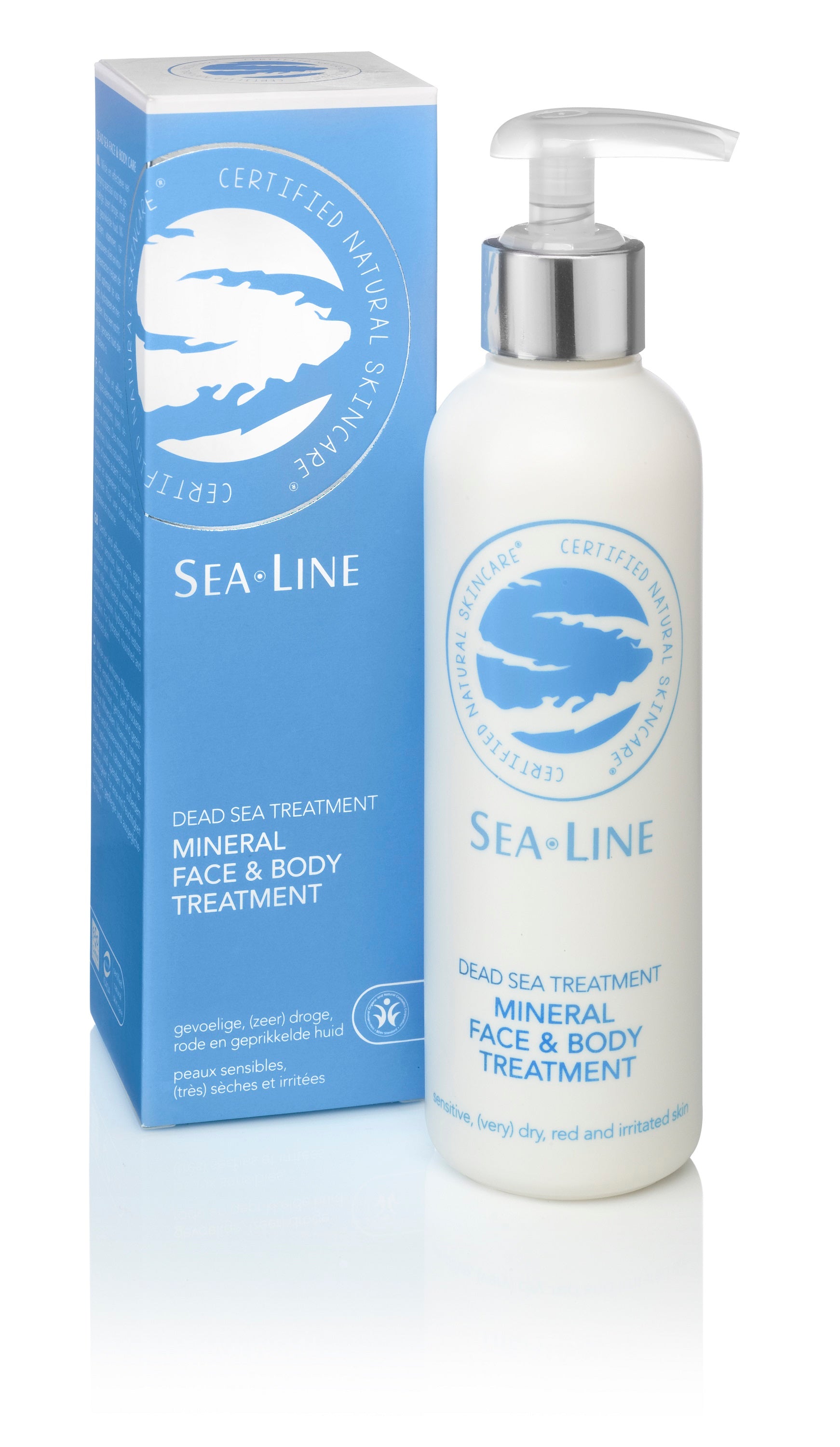 Sea-Line Mineral face and body treatment in a 200ml bottle, featuring a sleek design and labeled for skincare and body care.