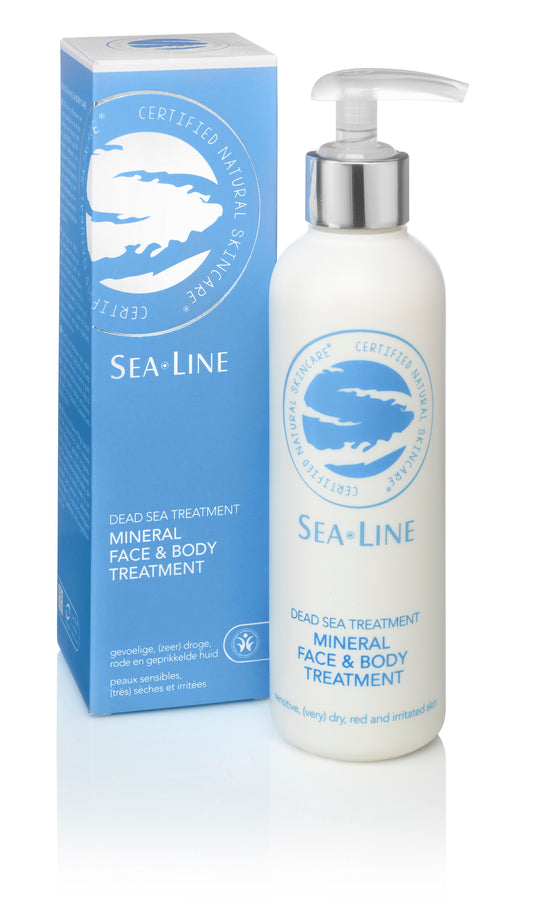 Sea-Line Mineral face and body treatment in a 200ml bottle, featuring a sleek design and labeled for skincare and body care.