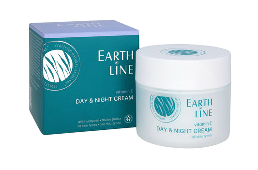 Earth Line vitamine E day and night face cream in a 50ml jar, moisturizing skincare for healthy skin.