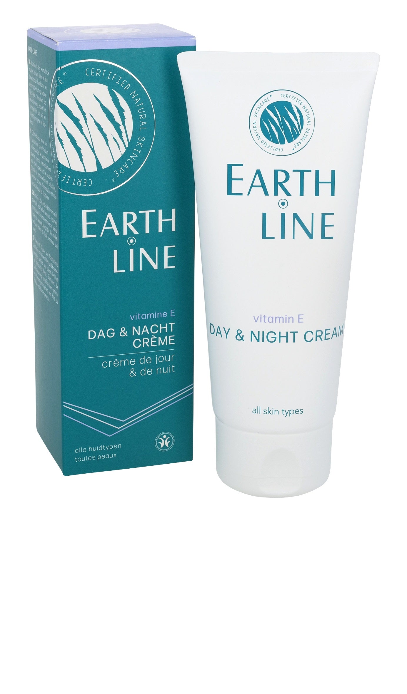 Earth Line Vitamin E day and night facial cream in a 100ml jar, moisturizing skincare product with a white and green packaging