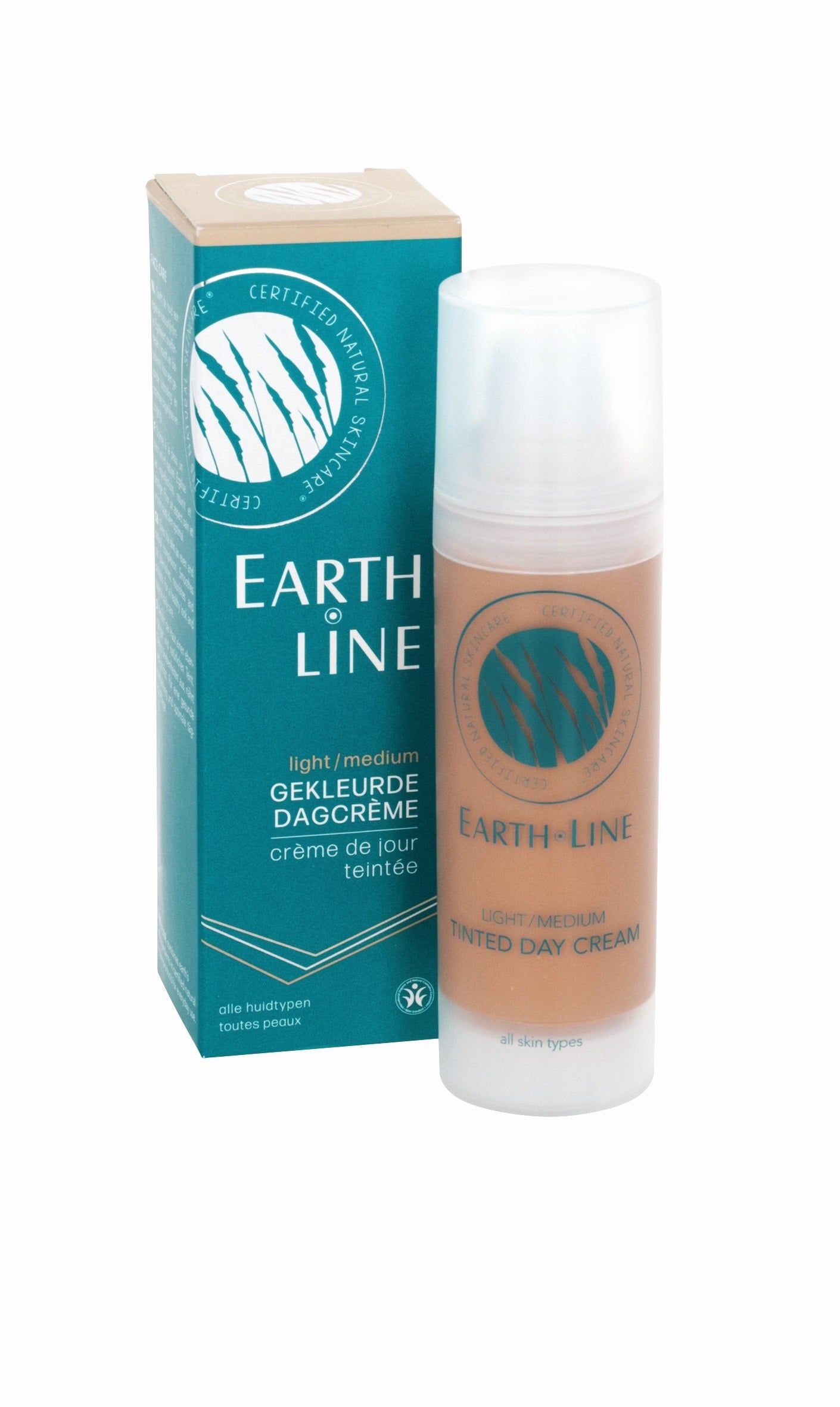 Earth Line Gekleurde dagcrème light/medium for face, 35ml, natural facial skincare product with tinted moisturizer in light/medium shade.