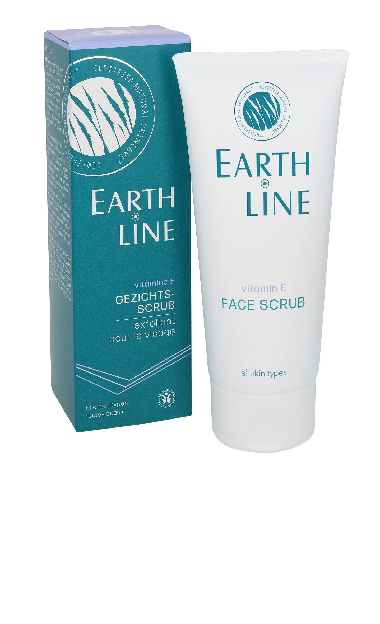 Earth Line Vitamin E face scrub in 100ml jar, natural facial skincare product with exfoliating texture.