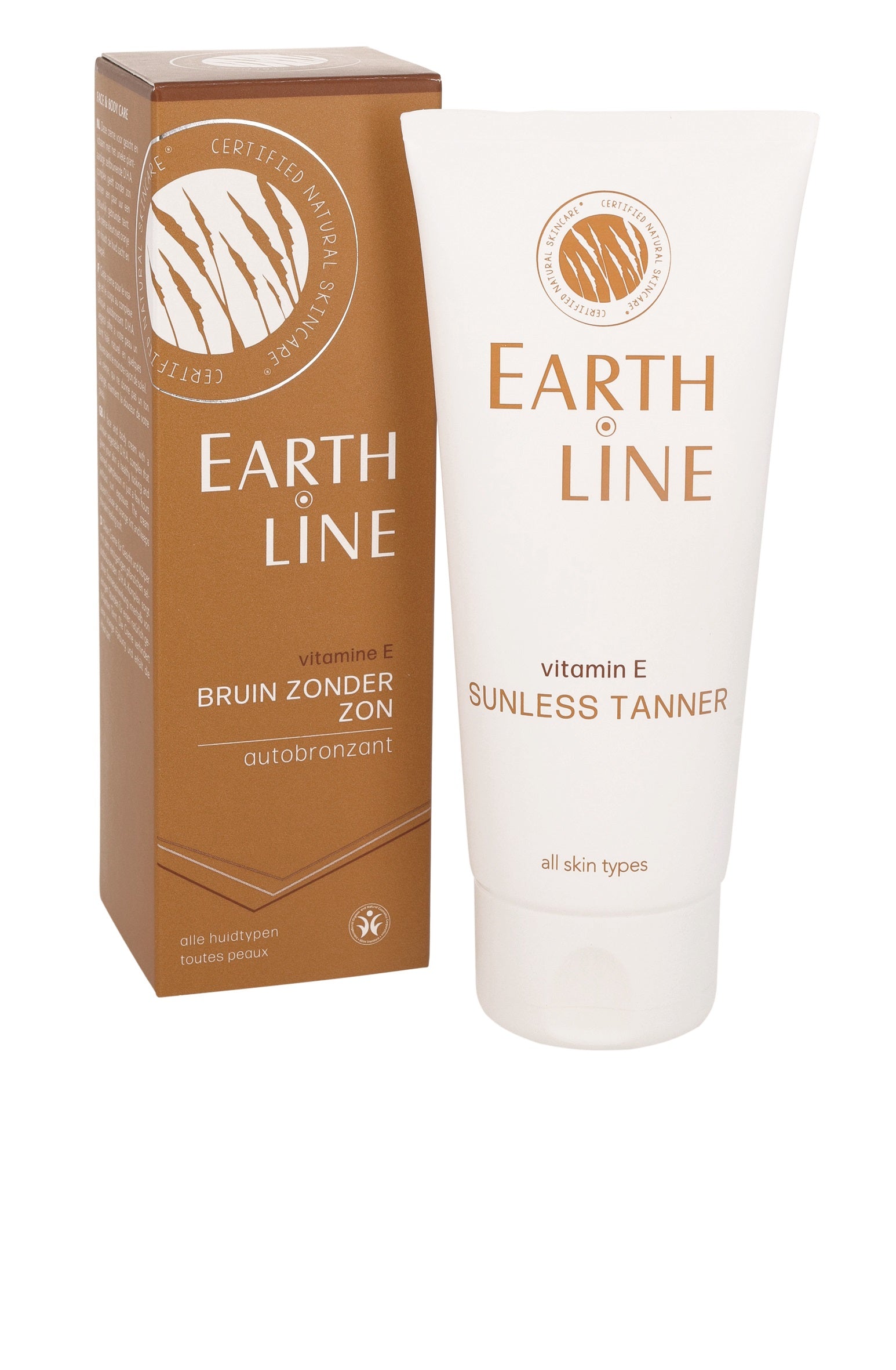 Earth Line Vitamine E bruin zonder zon sunless tanning lotion, 100ml bottle with natural brown tone and sunless tanning features