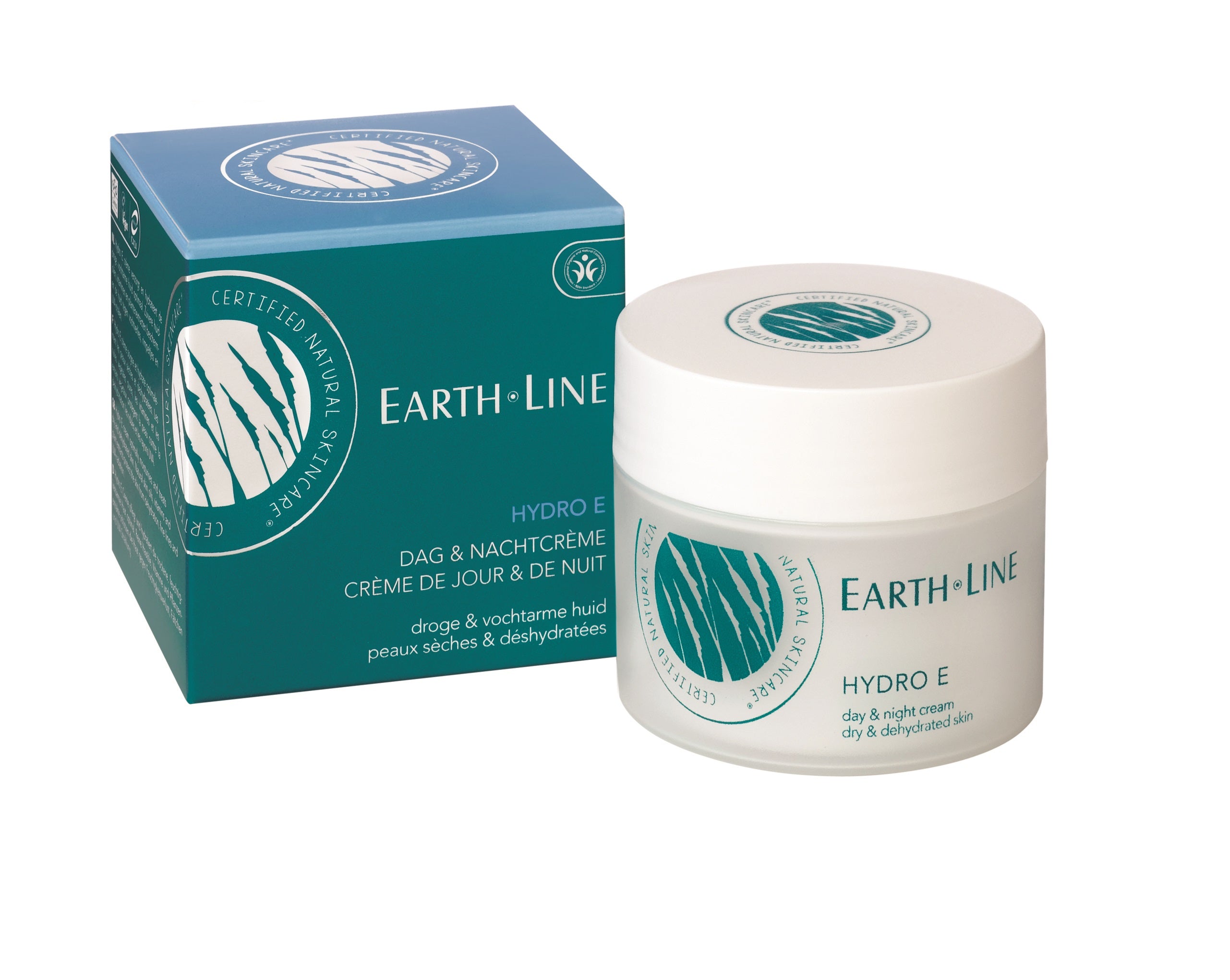 Earth Line Hydro e dag en nacht reme in 50ml, gezichtverzorgingsproduct with white and green packaging, suitable for daily skin care.
