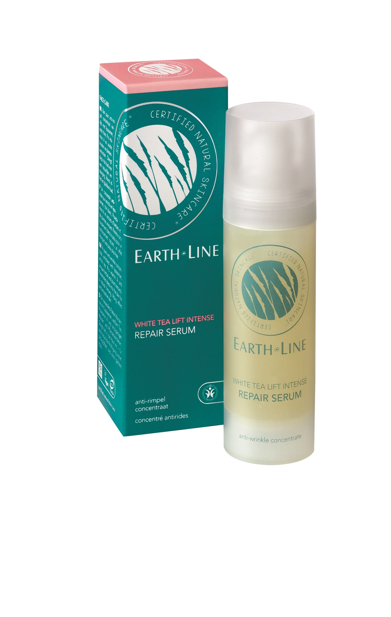 Earth Line White Tea Lift Intense Repair Serum 30ml for face, featuring a sleek white bottle with a pump dispenser.