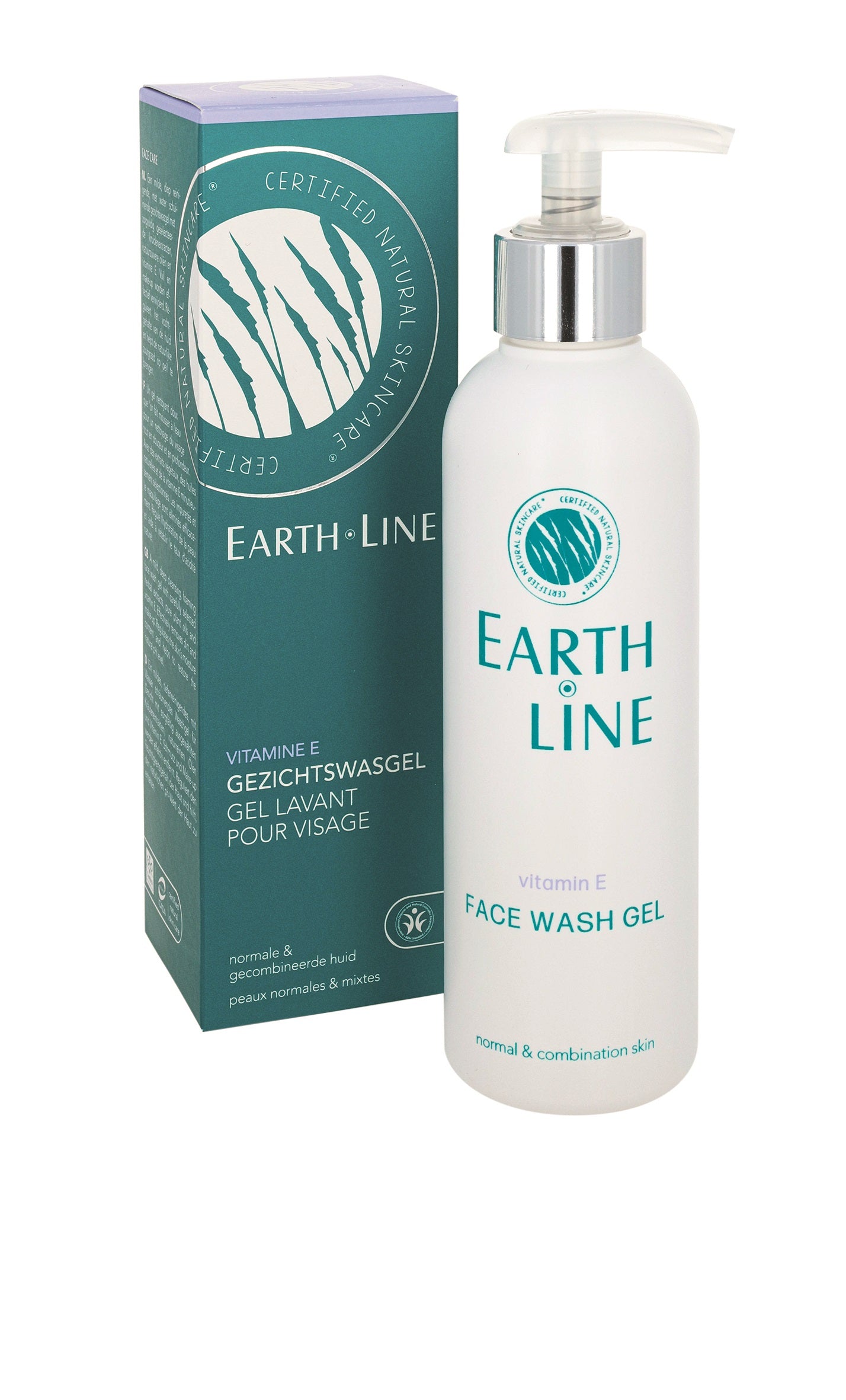 Earth Line Gezichtswasgel 200ml, gentle facial cleansing gel with natural ingredients, shown in a clear bottle with label.