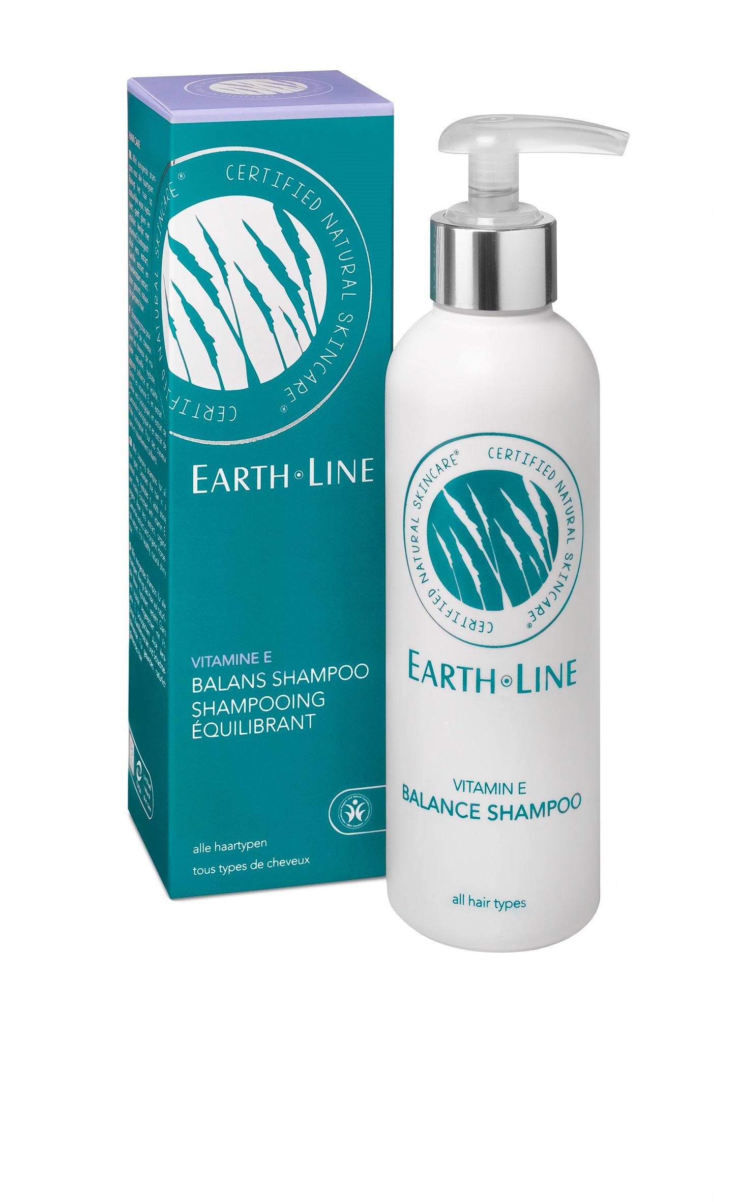 Earth Line Vitamin E Balance Shampoo for hair care, 200ml bottle with healthy, shiny hair visible in the image.