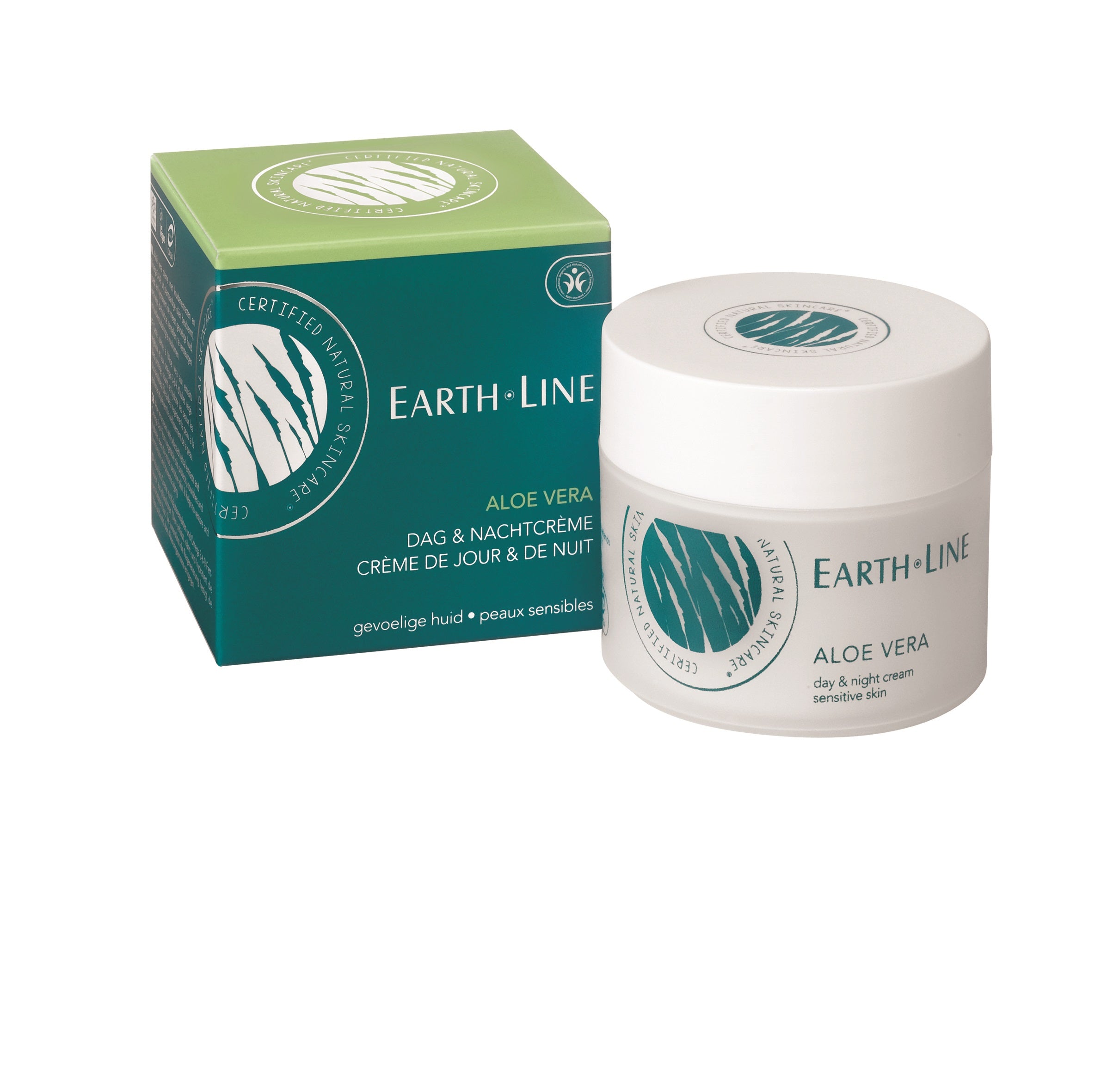 Earth Line Aloe Vera face day and night cream jar, 50ml, for soothing and hydrating facial skincare.