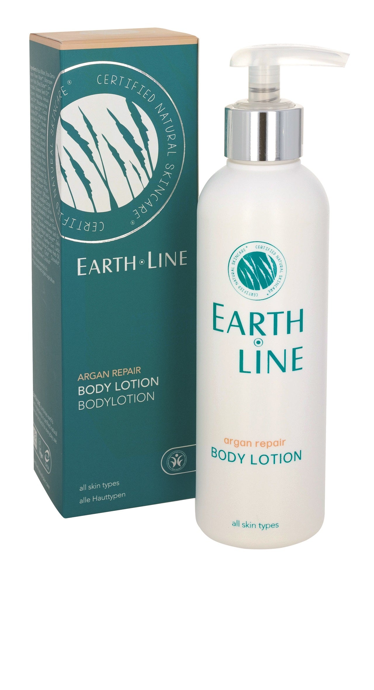 Earth Line Argan body lotion in 200ml bottle, moisturizing body care product with nourishing argan oil, shown in the image.