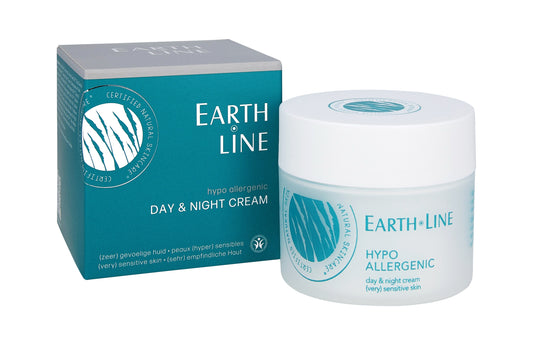 Earth Line hypoallergenic day and night face cream, 50ml, in a white jar with a silver lid, suitable for sensitive skin.