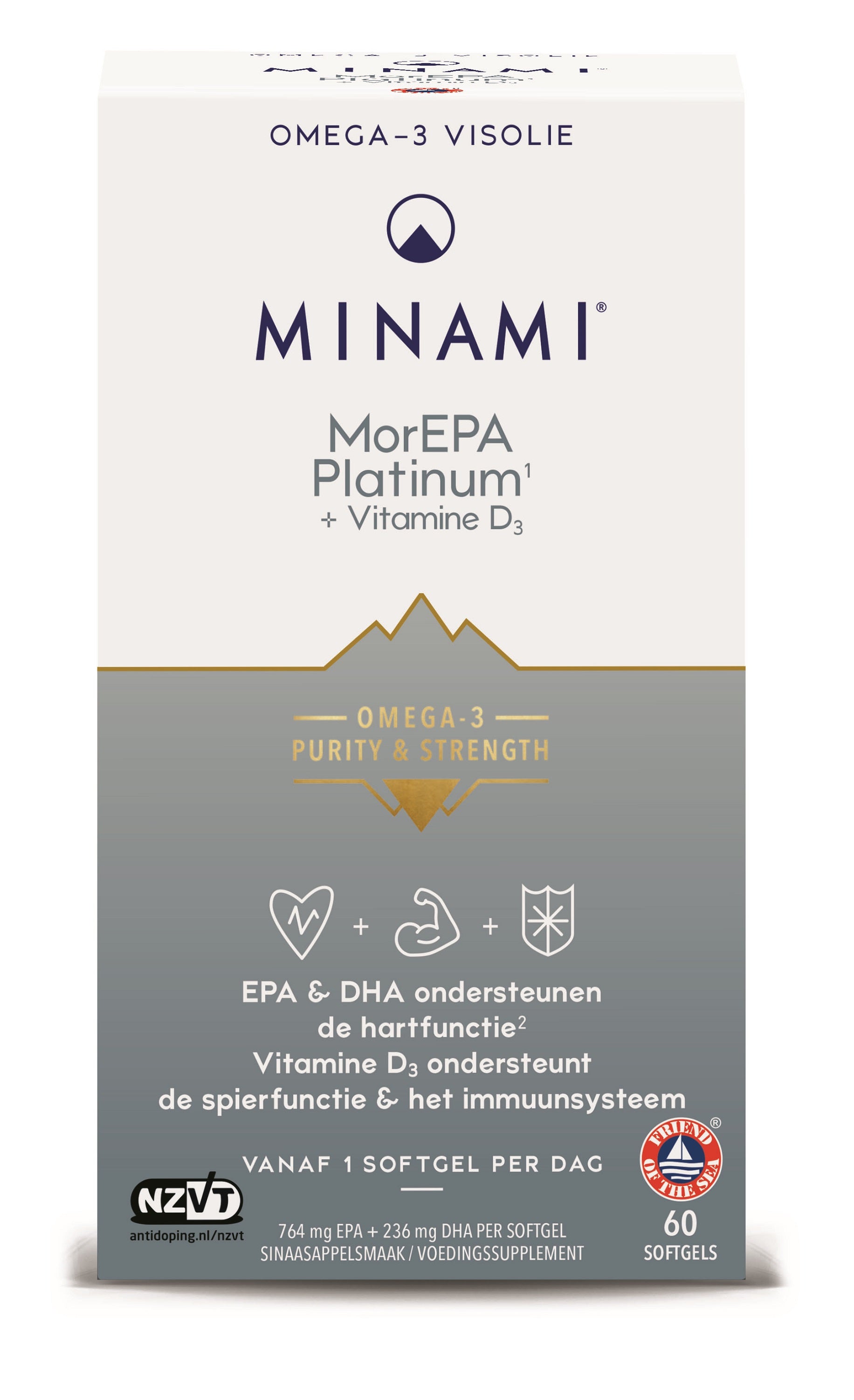 Minami MorEPA Platinum plus Vitamin D3 softgels, omega-3 fatty acids supplement in a white bottle with softgel capsules inside.