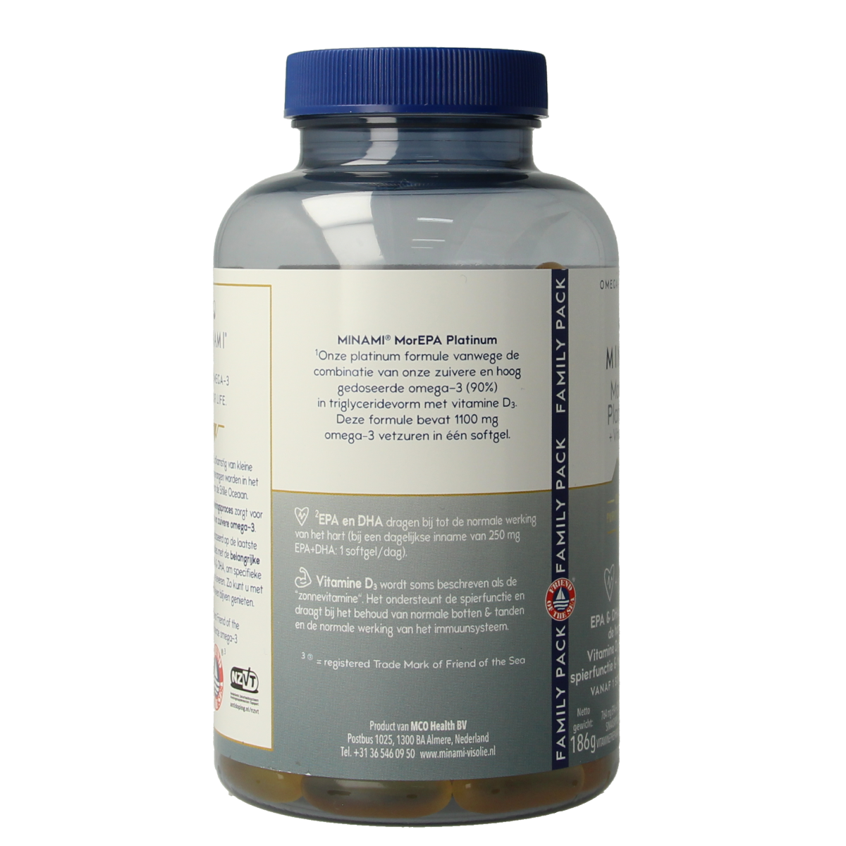 Minami MorEPA Platinum with vitamin D3 softgels, omega-3 supplement in a clear bottle with 120 softgels.