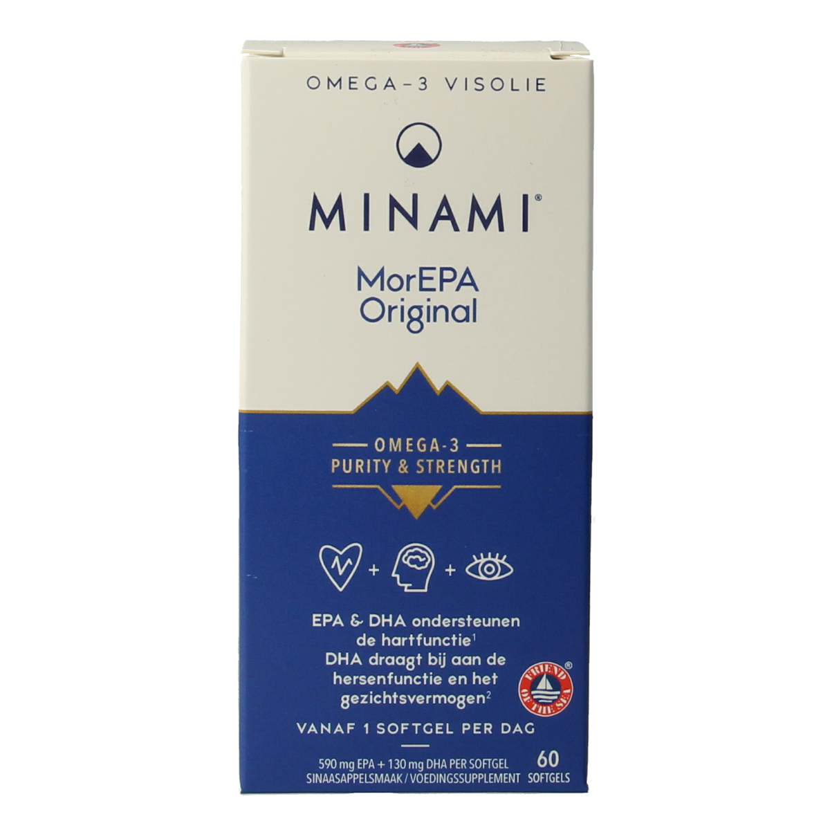 Vetzuren Minami MorEPA original softgels in a bottle, dietary supplement for omega-3 fatty acids, shown with softgel capsules.