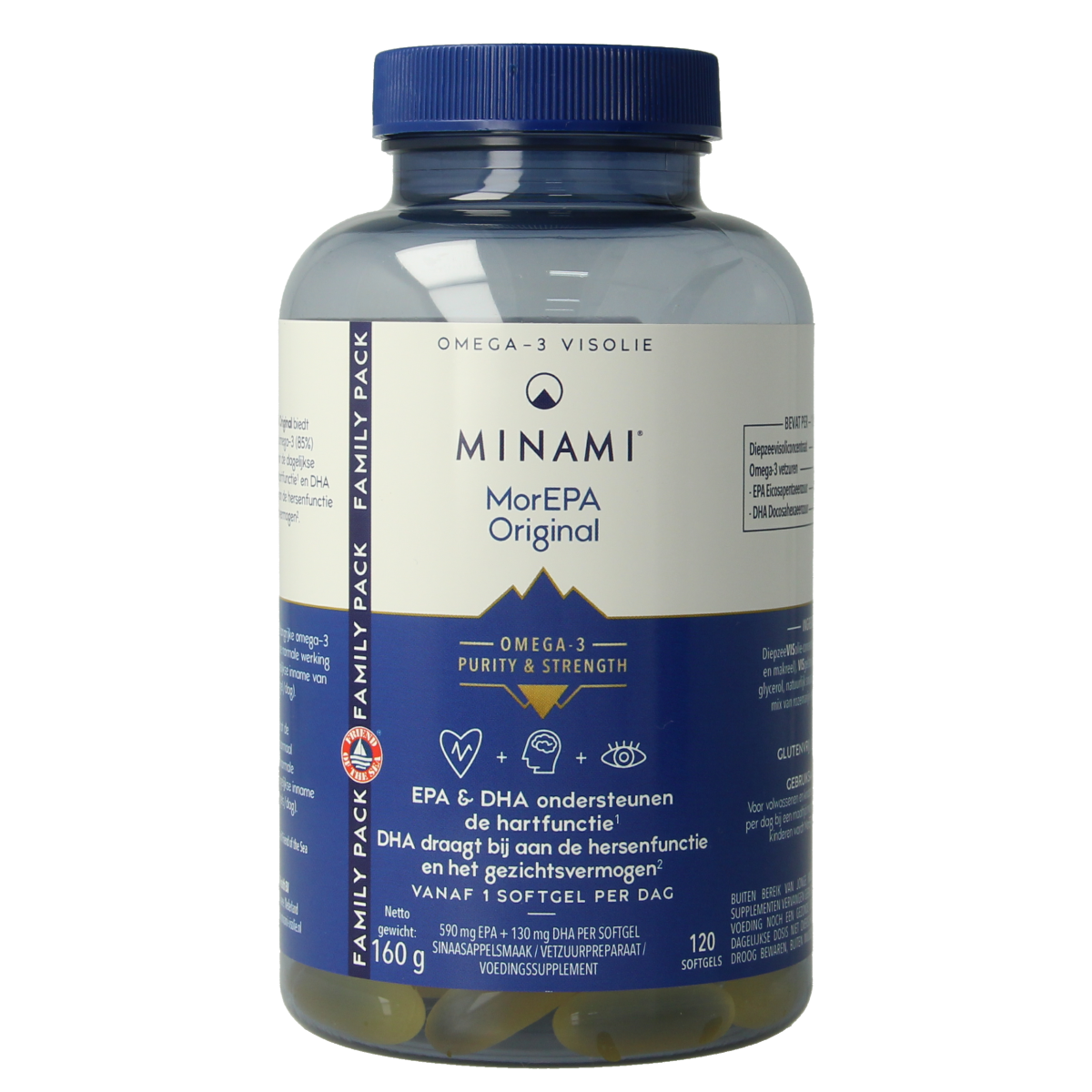 Minami MorEPA original softgels in a bottle, Vetzuren brand omega-3 supplement, with clear label and softgel capsules visible.