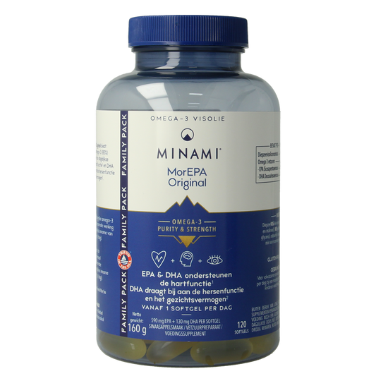 Minami MorEPA original softgels in a bottle, Vetzuren brand omega-3 supplement, with clear label and softgel capsules visible.