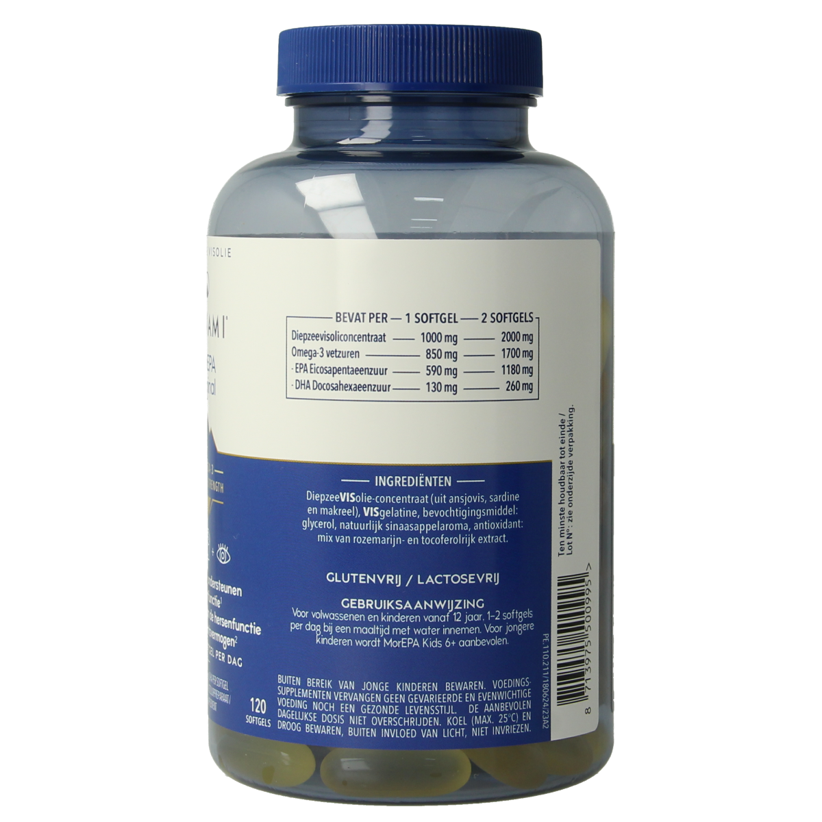 Minami MorEPA original softgels by Vetzuren, 120-count, showing clear softgel capsules in a bottle.