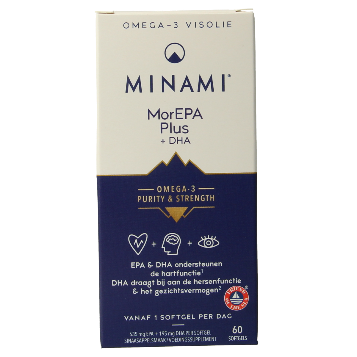 Vetzuren Minami MorEPA Plus softgels in a bottle, dietary supplement for heart and brain health, 60 softgels.
