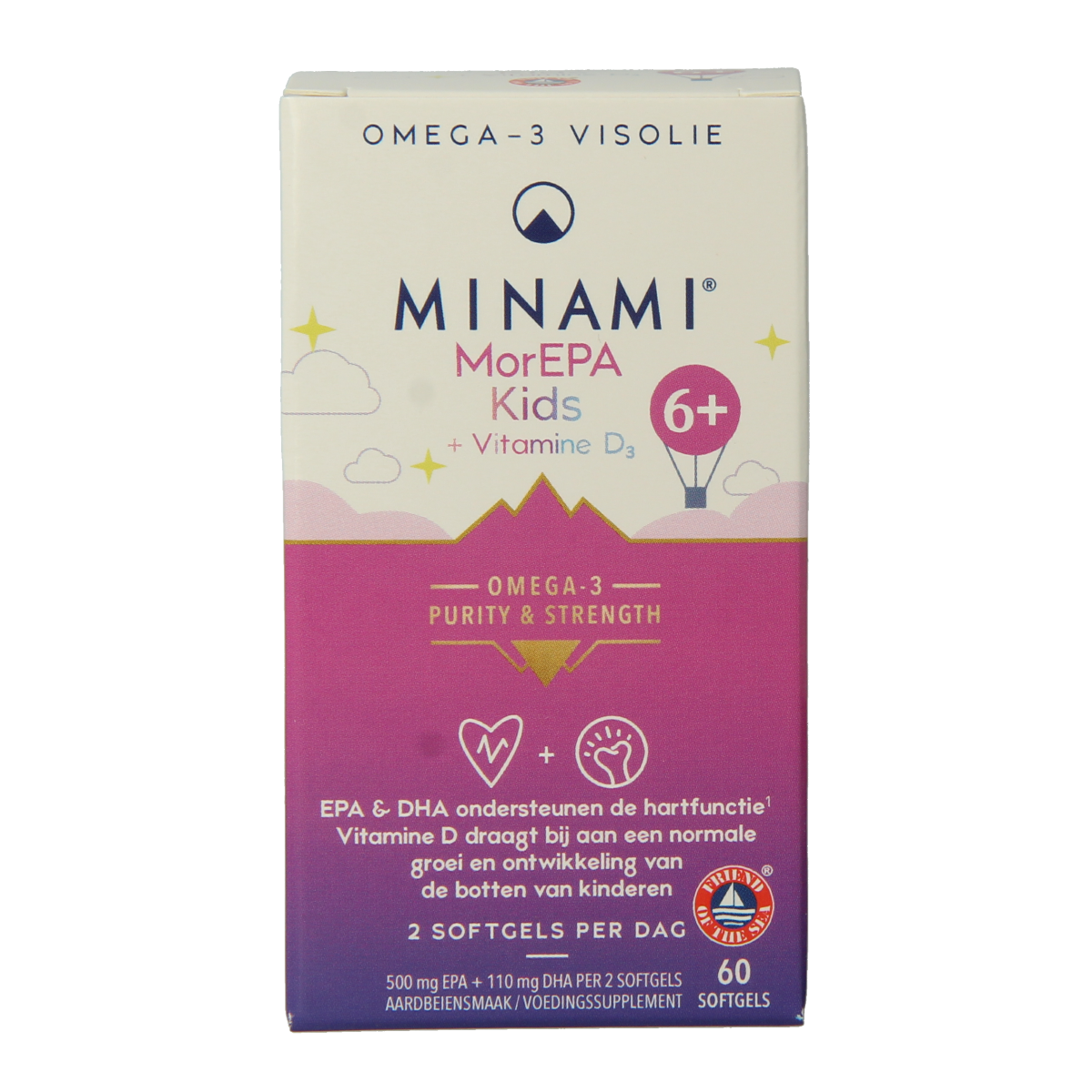 Minami MorEPA Kids + Vitamin D3 softgels bottle showing 60 softgel capsules, designed for children’s omega-3 and vitamin D intake.