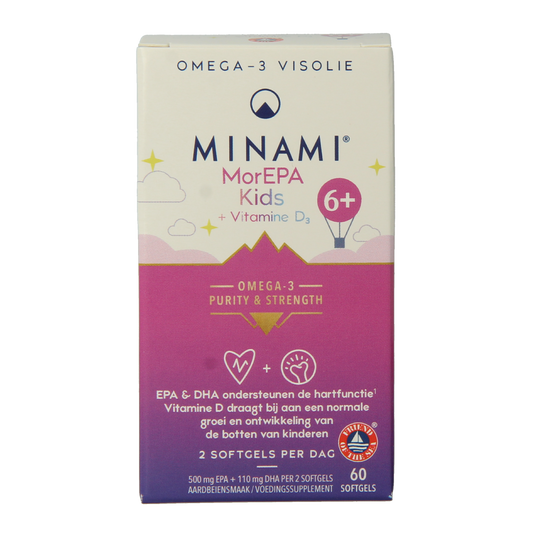 Minami MorEPA Kids + Vitamin D3 softgels bottle showing 60 softgel capsules, designed for children’s omega-3 and vitamin D intake.
