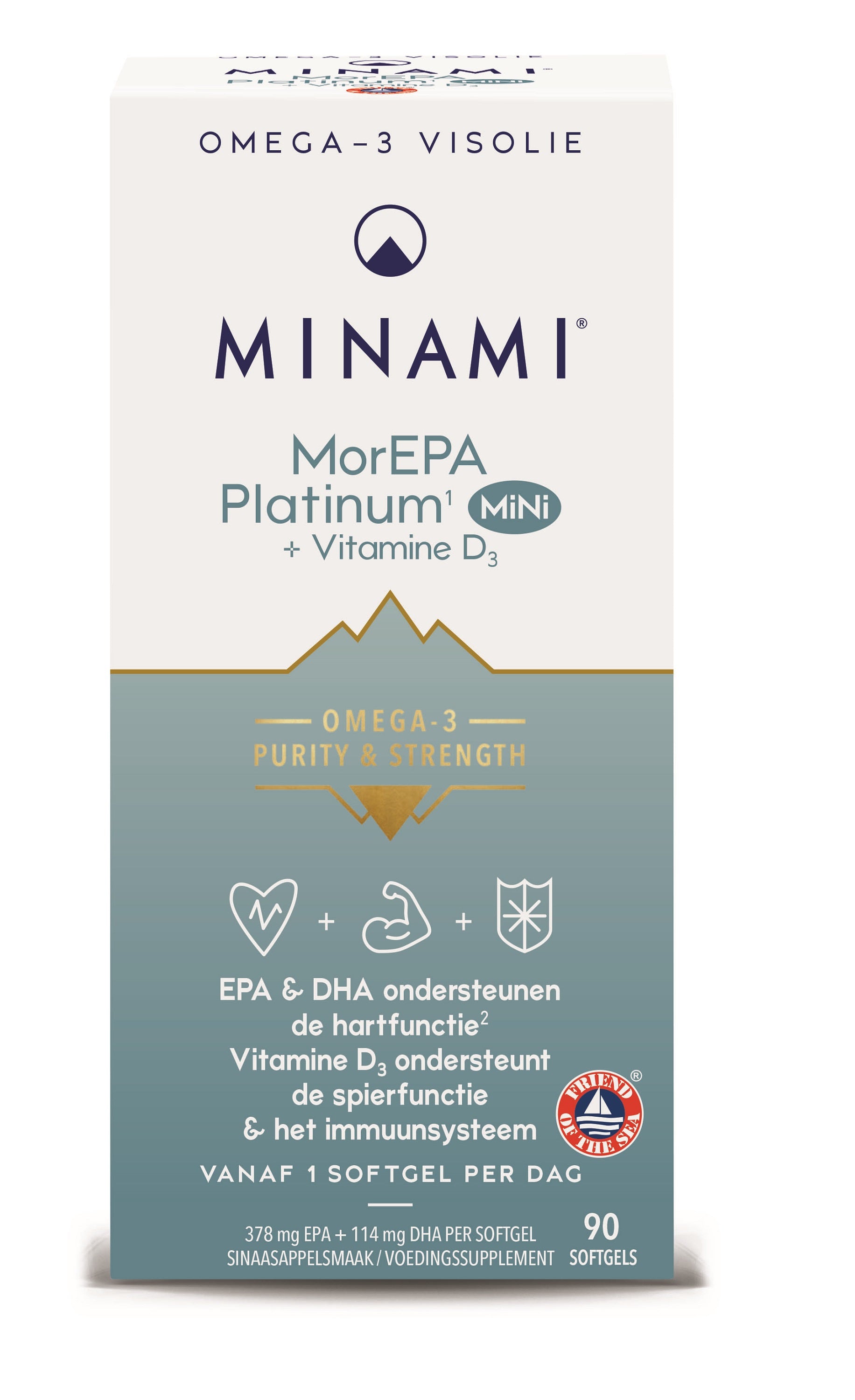 Minami MorEPA Platinum Mini softgels with vitamin D3, 90 count, showing the small, translucent fish oil capsules in a clear container.