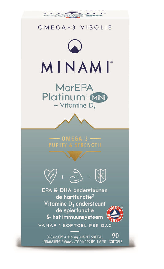 Minami MorEPA Platinum Mini softgels with vitamin D3, 90 count, showing the small, translucent fish oil capsules in a clear container.