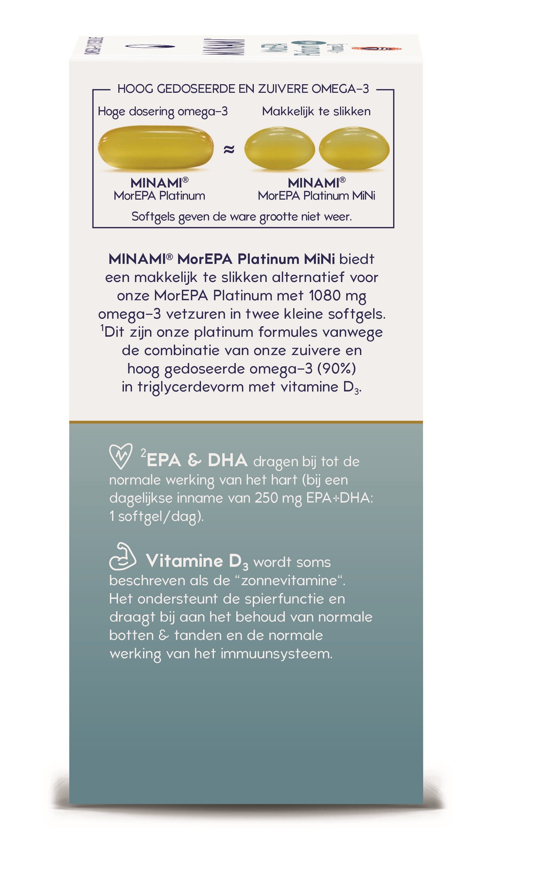 Minami MorEPA Platinum mini softgels with vitamin D3 bottles, omega-3 fish oil supplement in clear bottles with labels