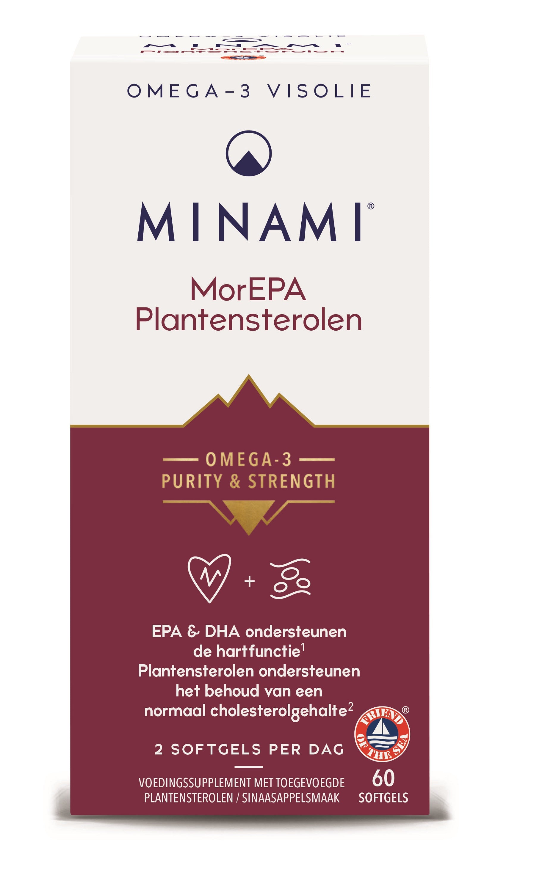 Minami MorEPA plantsterolen softgels, dietary supplement from Vetzuren brand, showing a close-up of the softgel capsules.