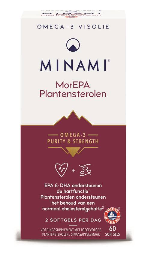 Minami MorEPA plantsterolen softgels, dietary supplement from Vetzuren brand, showing a close-up of the softgel capsules.