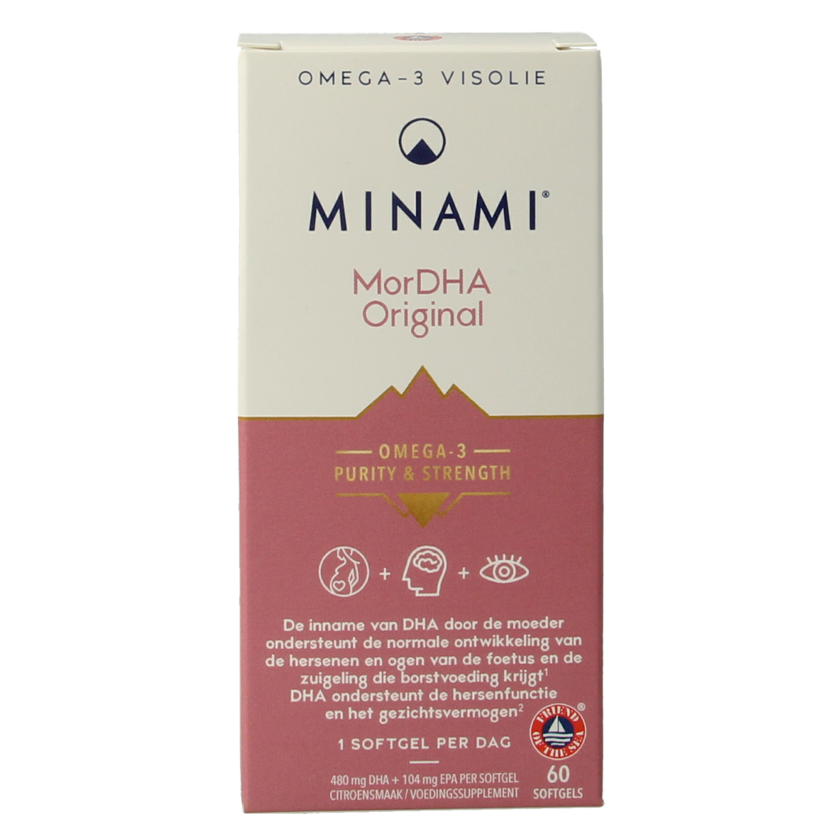 Minami MorDHA original softgels with lemon flavor, omega-3 fatty acids supplement, shown in a clear container with softgel capsules