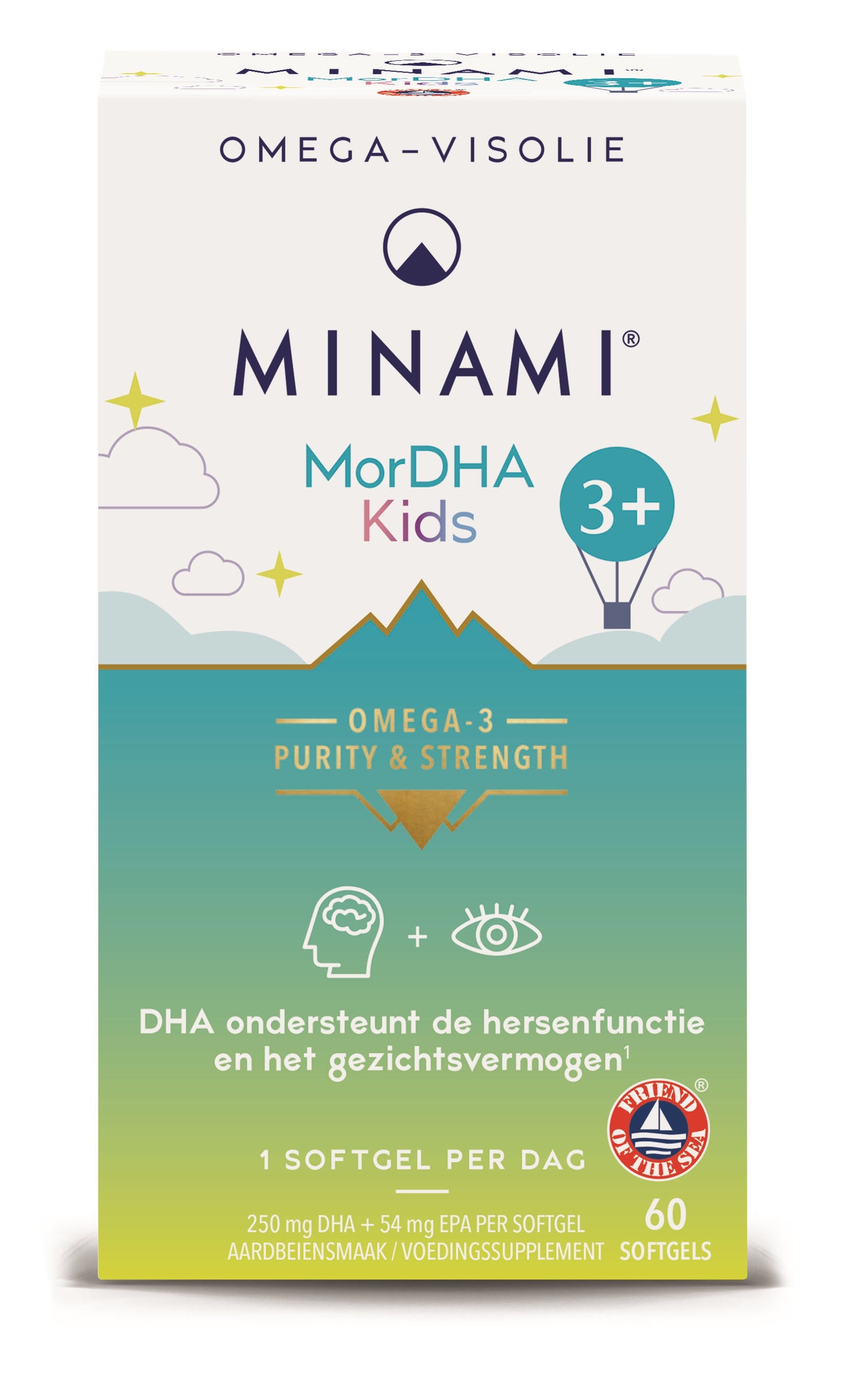 Vetzuren Minami MorDHA kids softgels bottle with label showing 60 softgels for children’s omega-3 supplement.