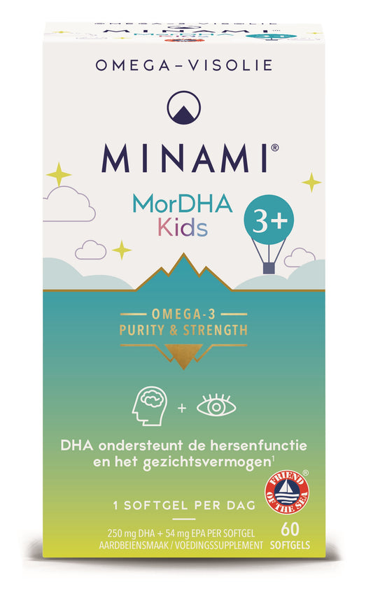 Vetzuren Minami MorDHA kids softgels bottle with label showing 60 softgels for children’s omega-3 supplement.