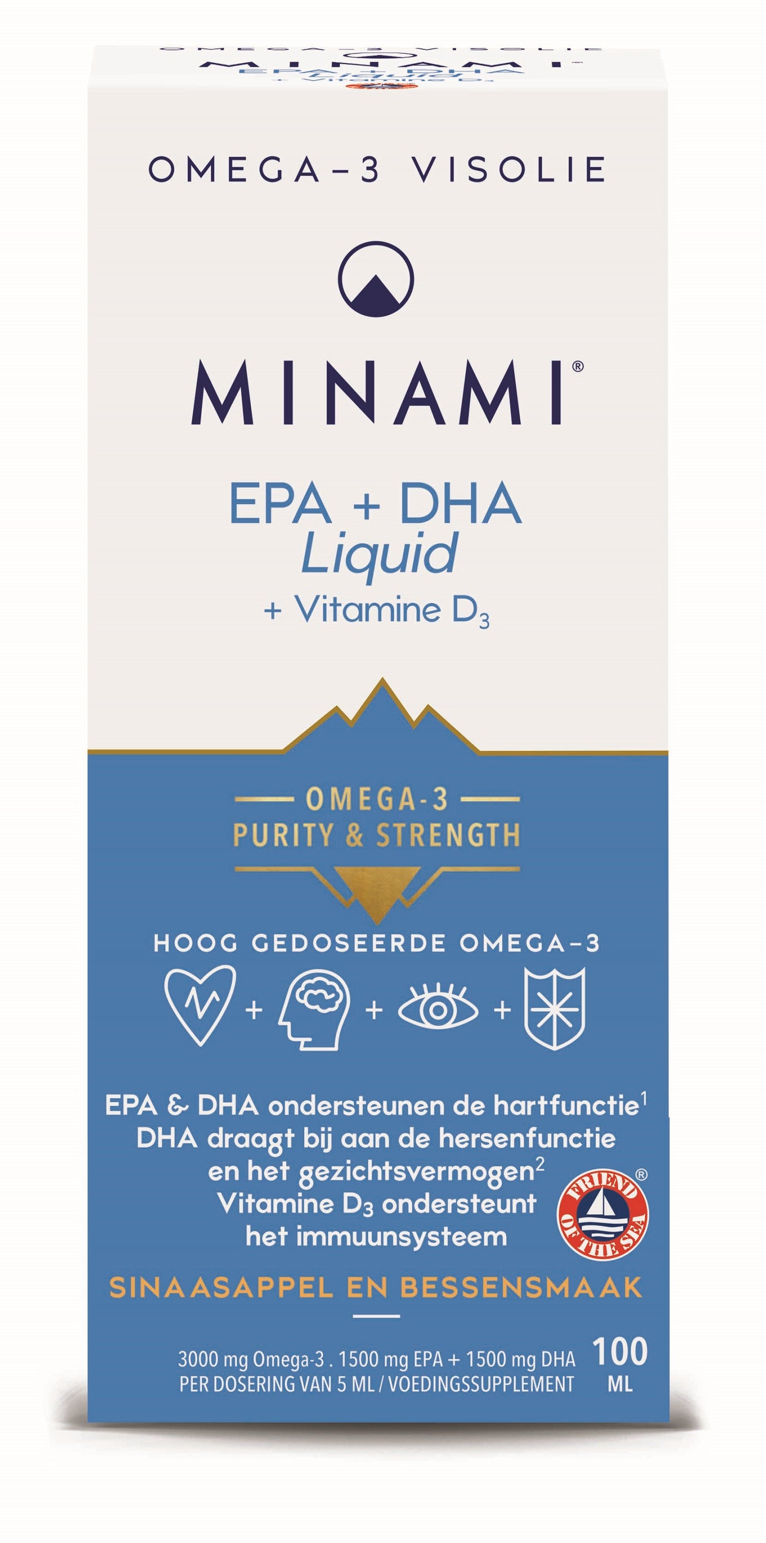 Minami EPA + DHA liquid supplement with vitamin D3 in 100ml bottle, featuring a clear dropper and blue label.