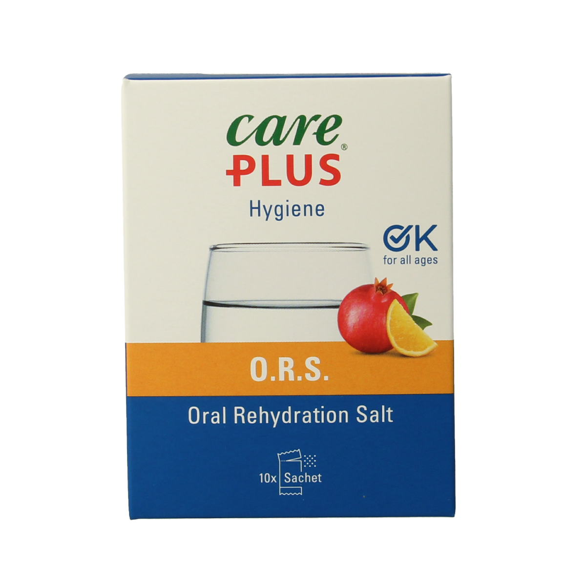 Care Plus ORS mineralen multi with pomegranate and orange flavor, showing 10 boxes of the dietary supplement.