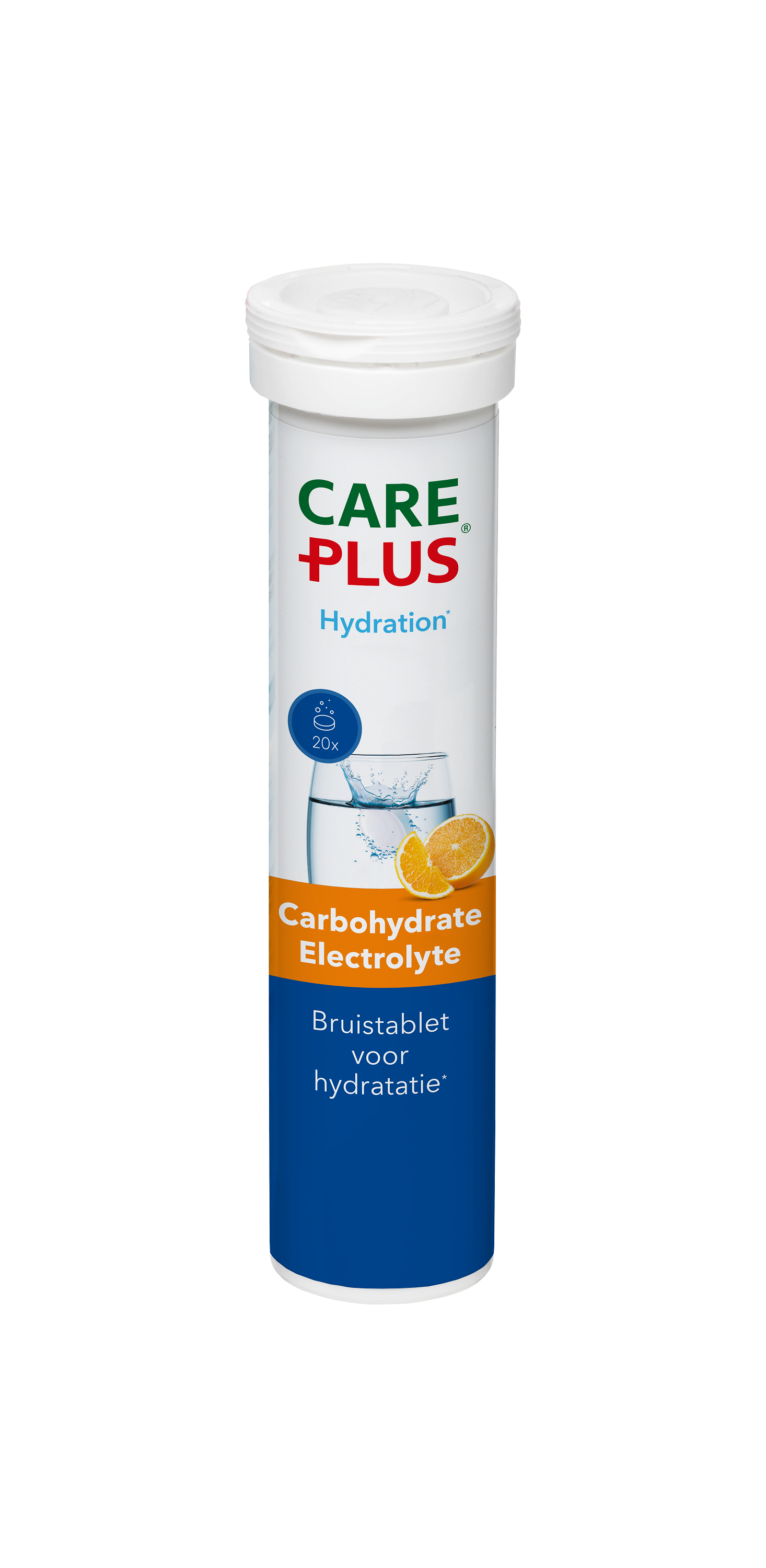 Care Plus Carbohydrate electrolyte orange effervescent tablets, mineral supplement, showing orange-flavored tablets in a clear container.