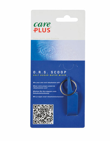 Care Plus ORS scoop, a stainless steel instrument for measuring oral rehydration salts, with a sleek design and compact size.
