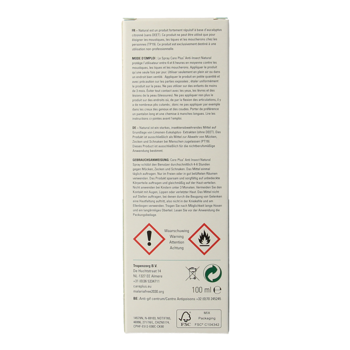 Care Plus natural insect spray bottle for preventing bites and stings, 100ml, with a focus on outdoor protection against insects.