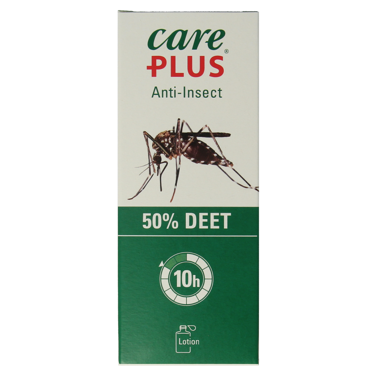 Care Plus Deet lotion 50% for insect bites and stings, 50ml bottle with label showing brand and product details.