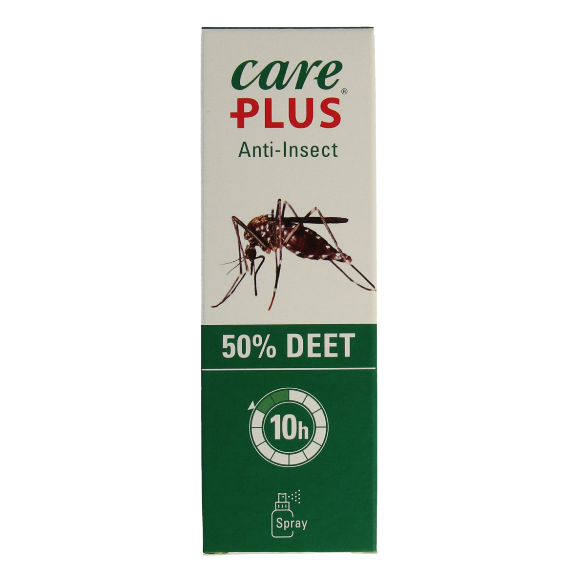 Care Plus Deet spray 50% for insect bites and stings, 60ml bottle showing the spray nozzle and label.
